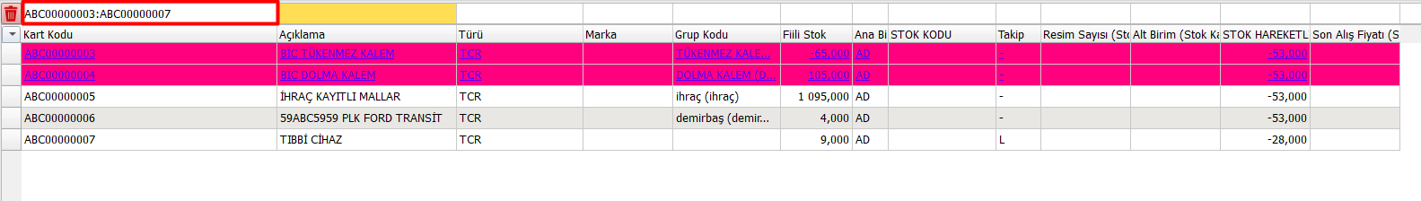 filtreleme ekranında iki nokta aralık operatörü ile kart kodu aralığının listelenmesi