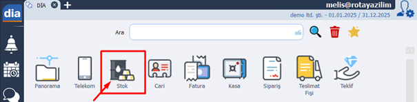 dia seri lot takibi stok menüsü ekran görüntüsü