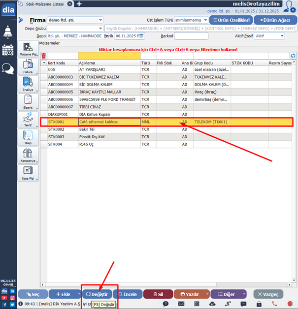 dia stok kartı değiştirme ekranı f5 değiştir
