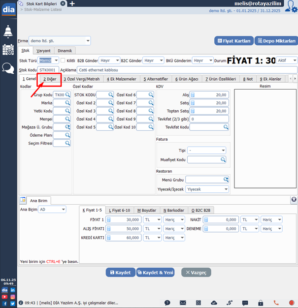 dia stok kartı diğer sekmesi ekran görüntüsü