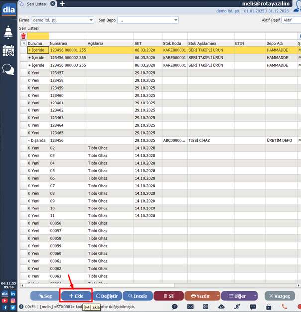 DİA Seri Listesi ekranında yeni seri numarası ekleme alanı görüntüsü