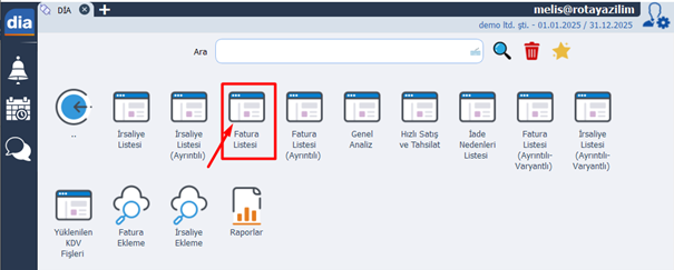 DİA Fatura Listesi modülüne giriş ekranı