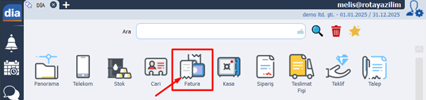 DİA ana menüsünde Fatura modülü simgesinin bulunduğu ekran