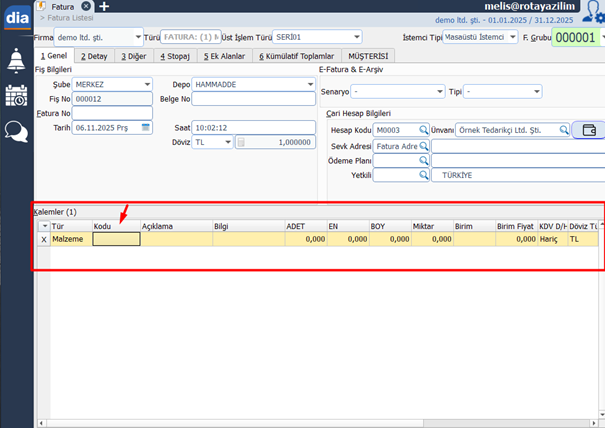 Mal alım faturasında kalem ekleme alanı