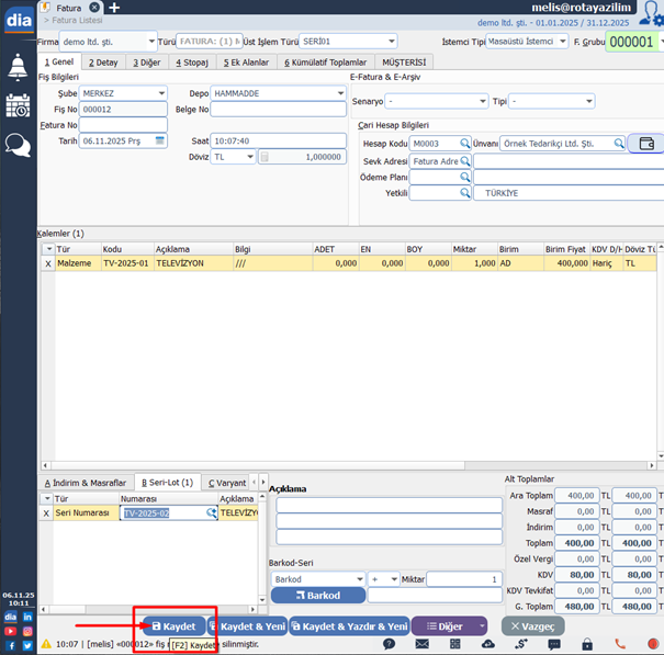 Seri numarası seçilmiş mal alım faturası kaydetme ekranı