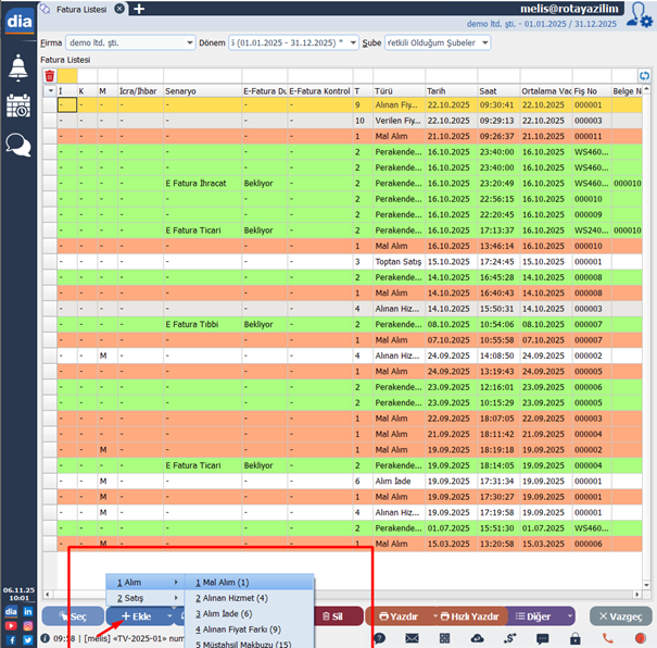 DİA Fatura Listesi ekranında Mal Alım Faturası ekleme işlemi