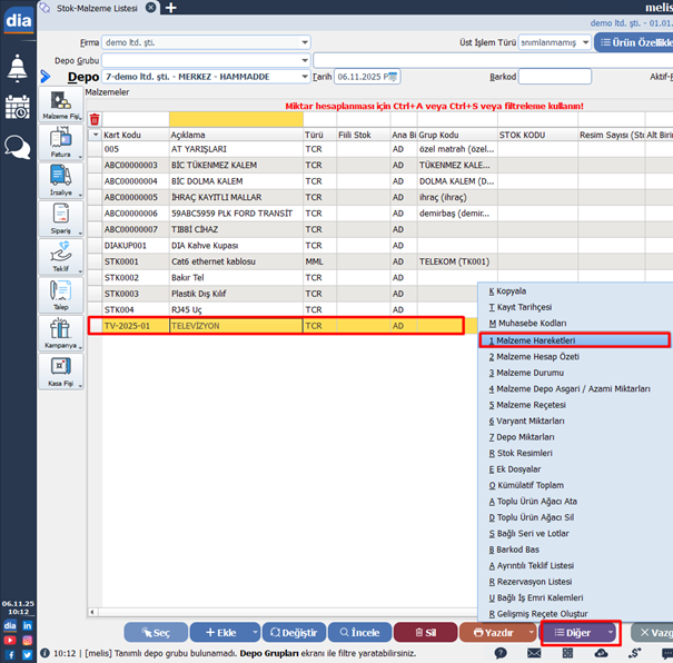 dia seri lot takibi stok kartı malzeme hareketleri ekranı görüntüsü