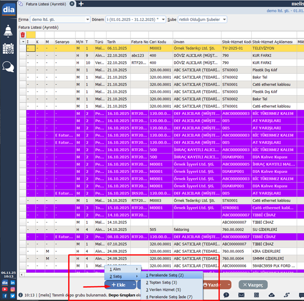 DİA Fatura Listesi ekranında perakende satış ekleme menüsü görüntüsü