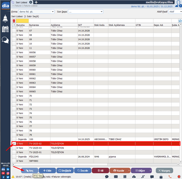 Seri numarası listesinden seçim yapılan ekran