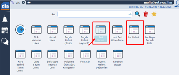dia seri lot takibi listeleri menüsü ekran görüntüsü