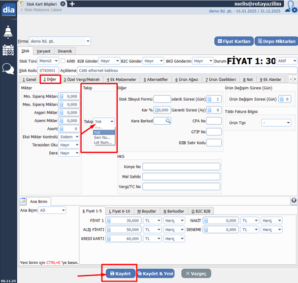 dia seri lot takibi stok kartı takip alanı seri numarası lot numarası seçimi