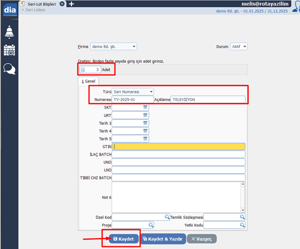 dia seri lot takibi ekranında yeni seri numarası oluşturma alanı görüntüsü