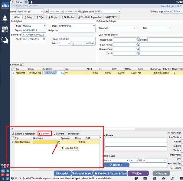 DİA fatura ekranında Seri–Lot sekmesinde seri numarası seçme alanı.
