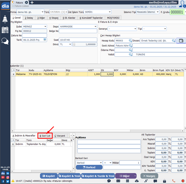 Fatura ekranında Seri-Lot sekmesinin görüntüsü