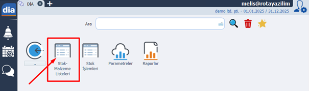 dia seri lot takibi stok-malzeme listeleri ekran görüntüsü