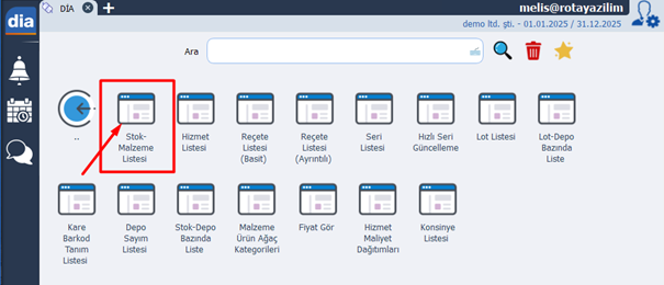 dia seri lot takibi stok-malzeme listesi ekran görüntüsü