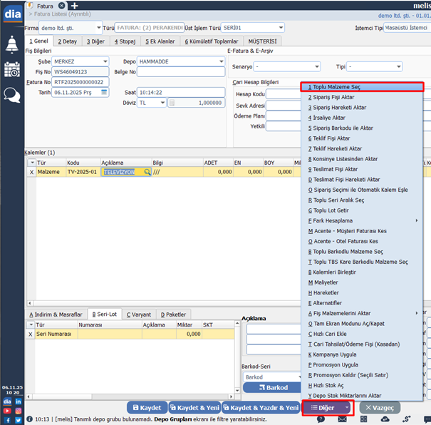 DİA fatura ekranında Diğer menüsünden açılan toplu malzeme seçme seçenekleri.