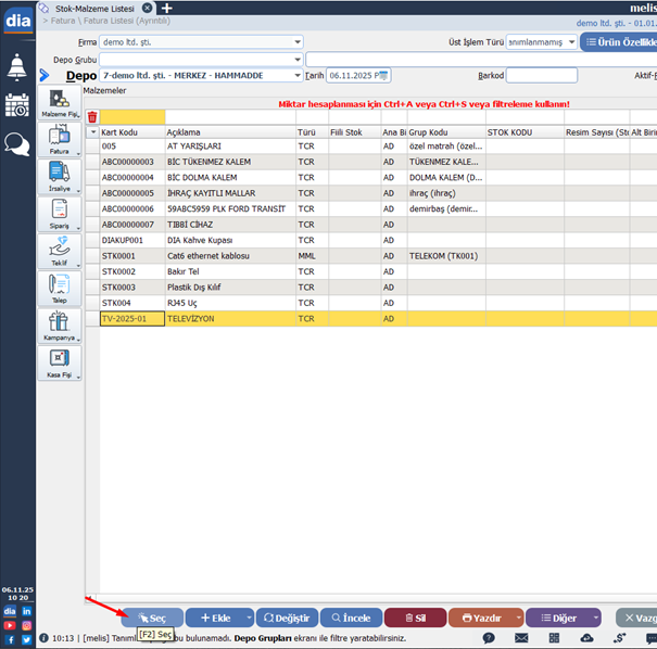DİA malzeme listesinden ürün seçme butonu görüntüsü.