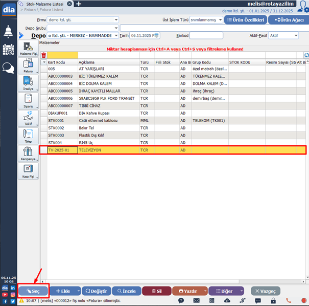Stok malzeme listesinde ürün seçme ekranı