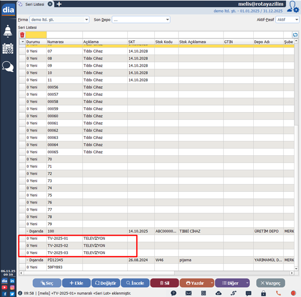 DİA programında oluşturulan seri numaralarının listelendiği ekran görüntüsü