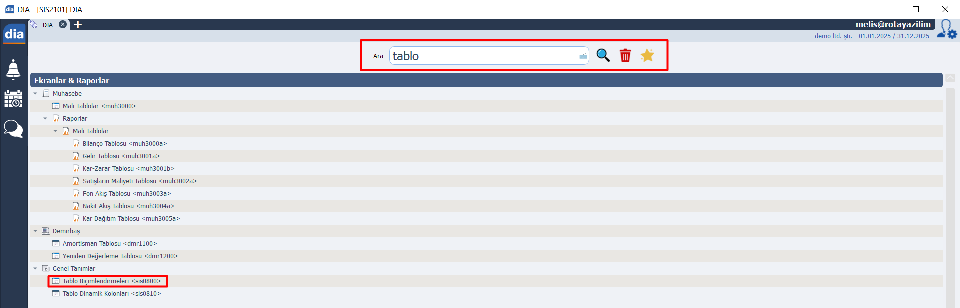 dia tablo biçimlendirme ekranına ana menüden erişim görseli