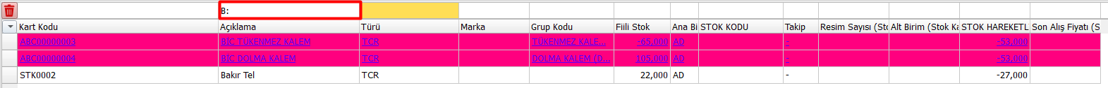 filtreleme ekranında B: operatörü ile B harfiyle başlayan açıklamaların listelenmesi
