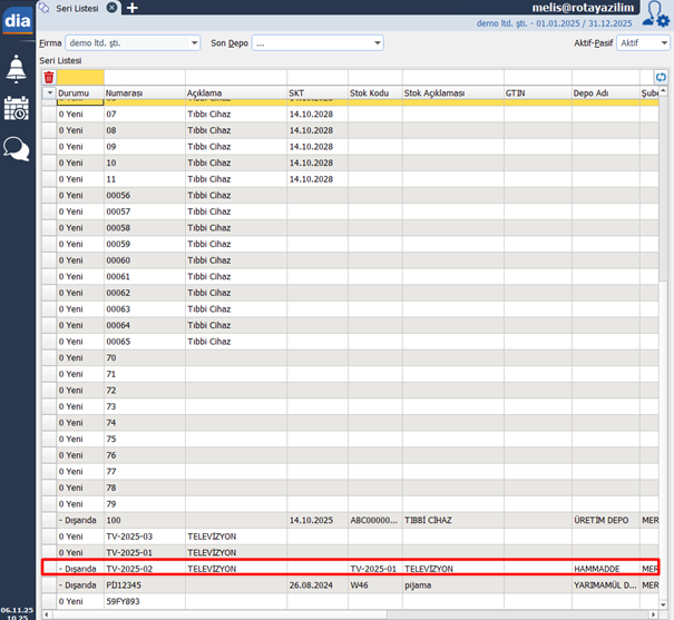 dia seri lot takibi seri listesinde dışarıda durumundaki seri numaraları ekranı.