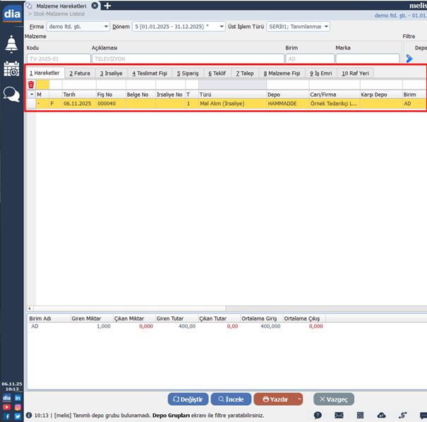 DİA Stok-Malzeme listesinde malzeme hareketleri menüsü