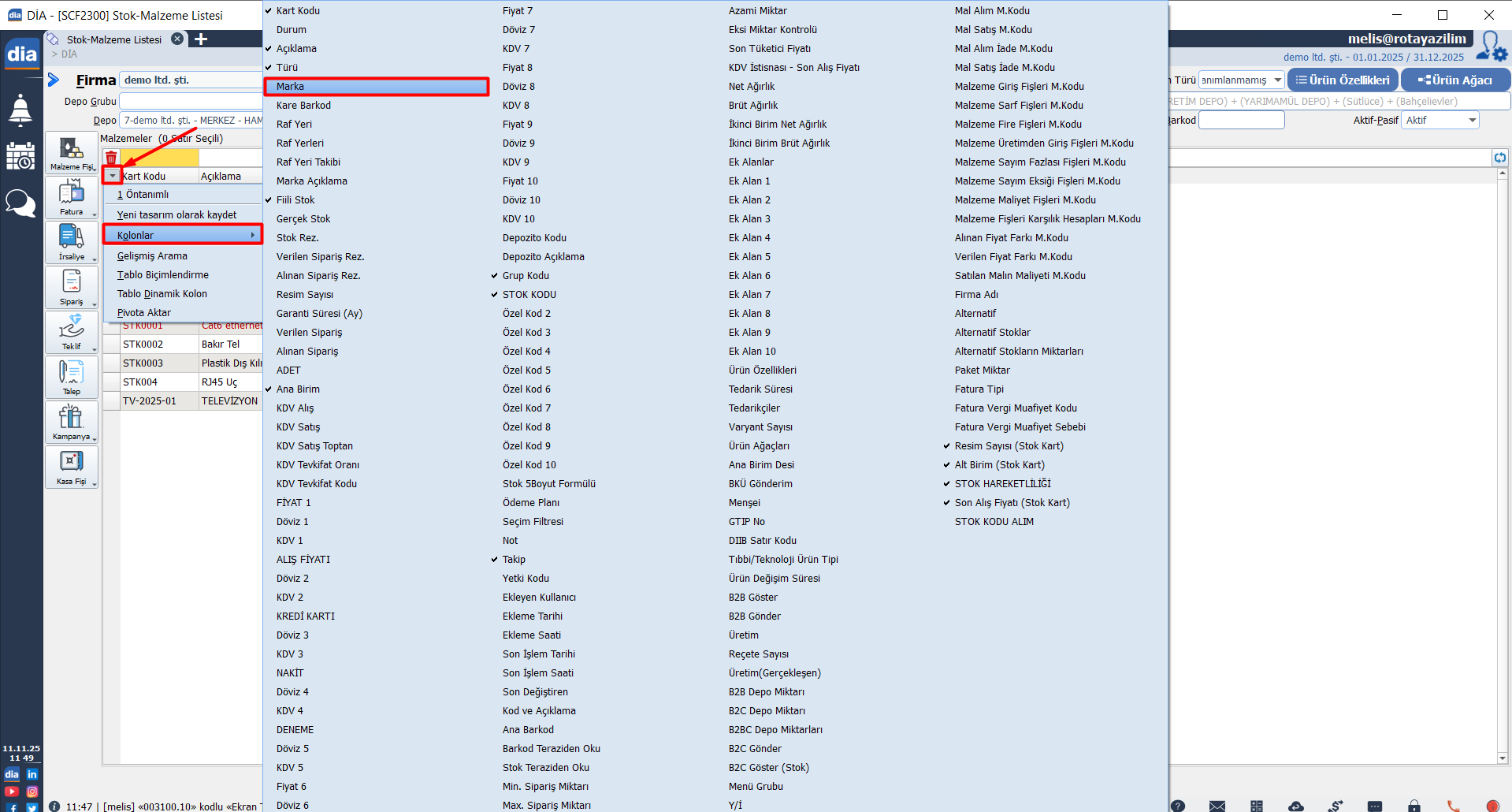kolon ekleme ekranında Marka kolonunun listeye eklenmesi