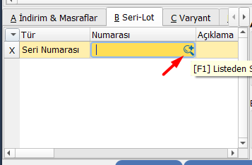 Faturada seri numarası seçim alanı
