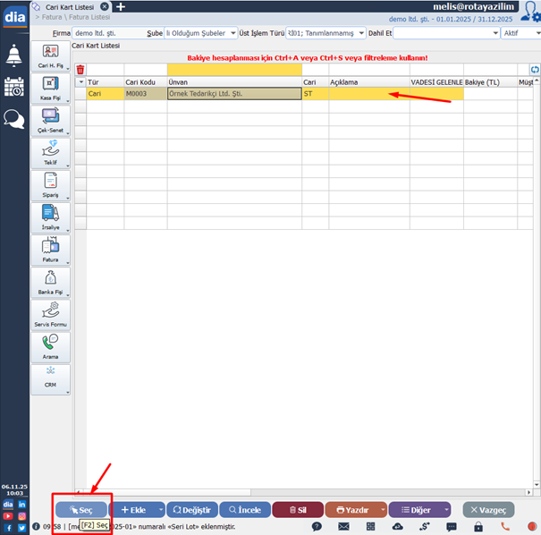 DİA cari kart listesinde tedarikçi seçim ekranı görüntüsü
