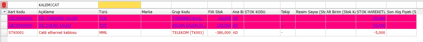 filtreleme ekranında pipe operatörü ile KALEM veya CAT içeren kayıtların listelenmesi