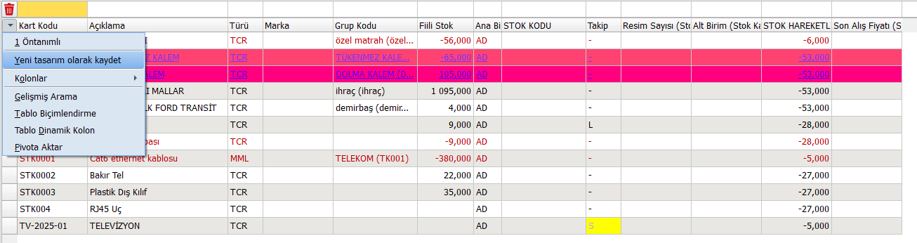 kolon yönetimi menüsünde yeni tasarım olarak kaydet seçeneği