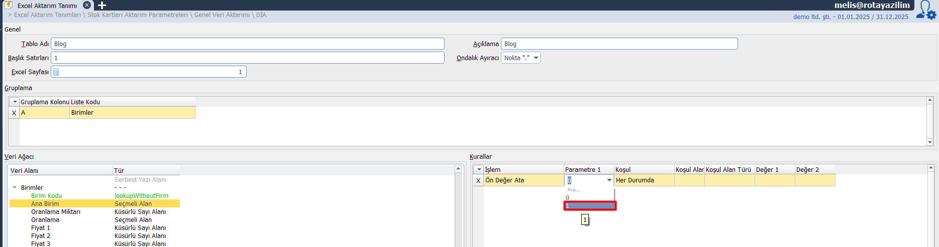 stok kartı aktarma için exceldeki stok bilgileri girilir.