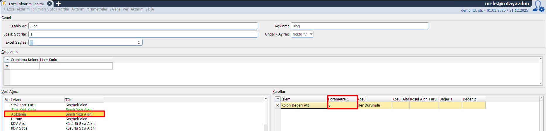 stok kartı aktarma için exceldeki stok bilgileri girilir.
