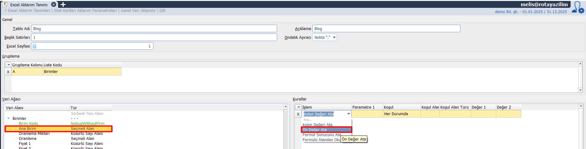 stok kartı aktarma için exceldeki stok bilgileri girilir.
