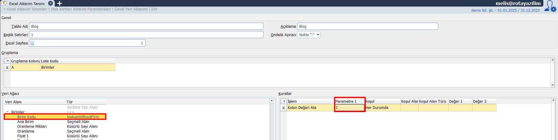 stok kartı aktarma için exceldeki stok bilgileri girilir.