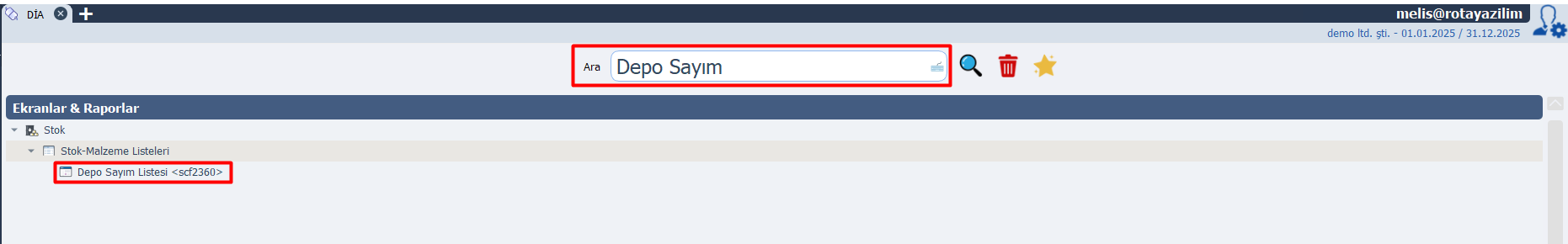 Dia depo sayımı listesine gidiş