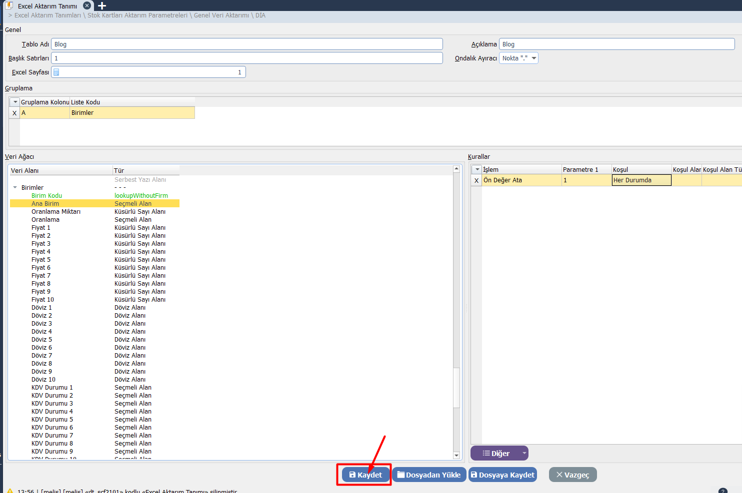 stok kartı aktarma için exceldeki stok bilgileri girilir.