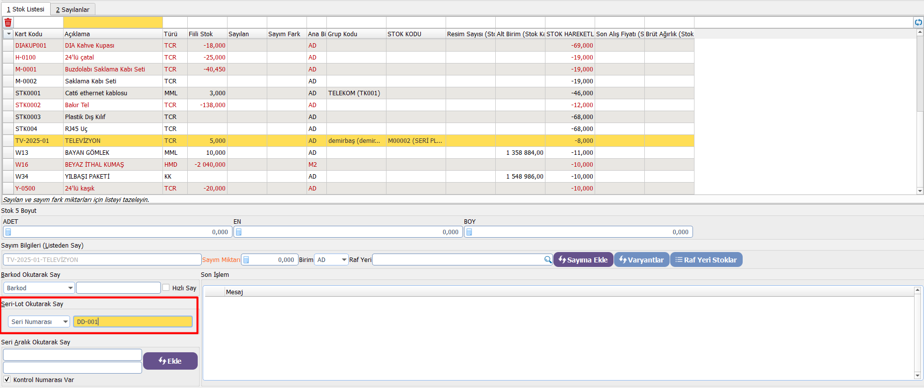 Dia depo sayımı serili