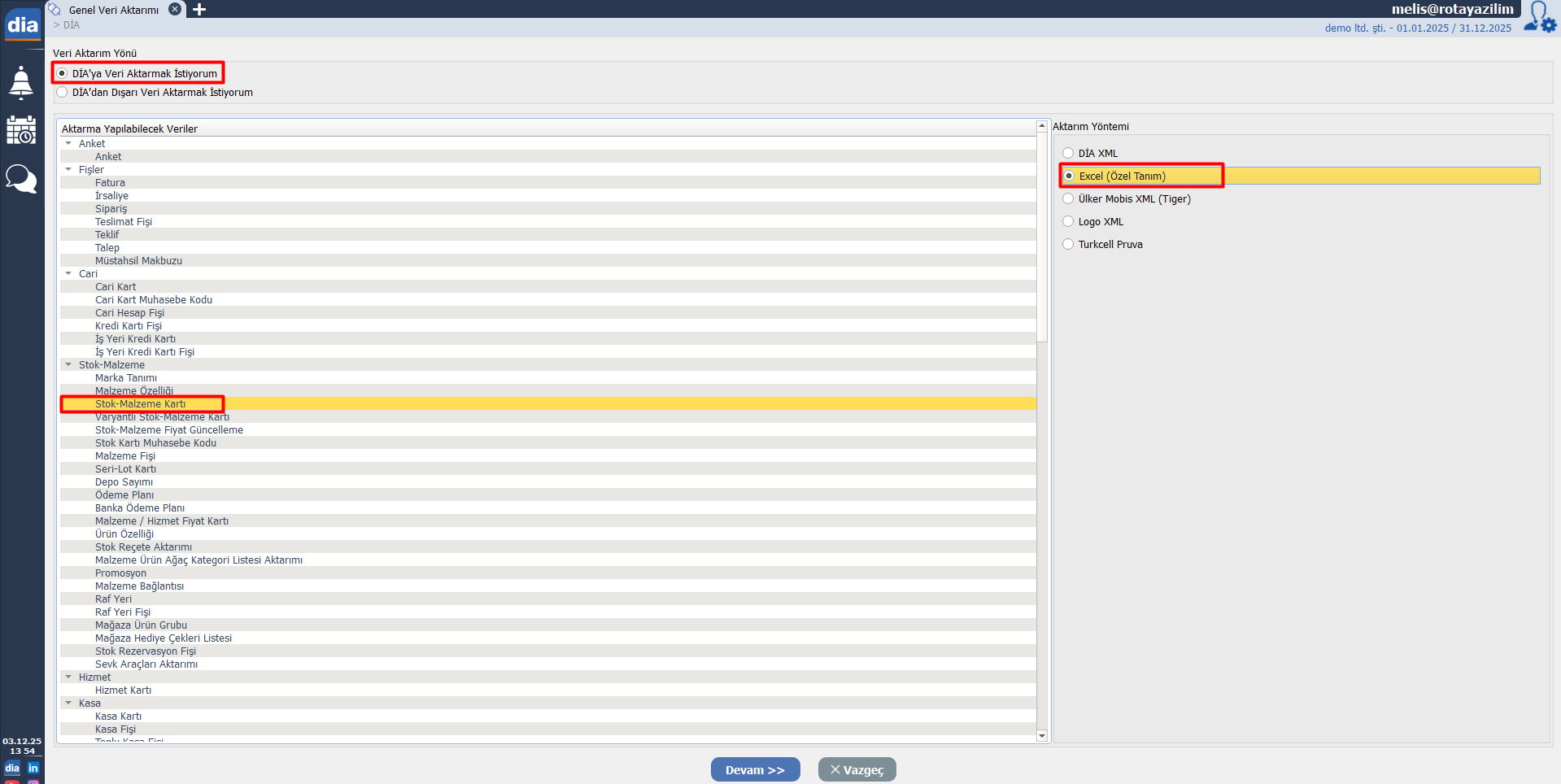 stok kartı aktarma için seçimler yapılır.