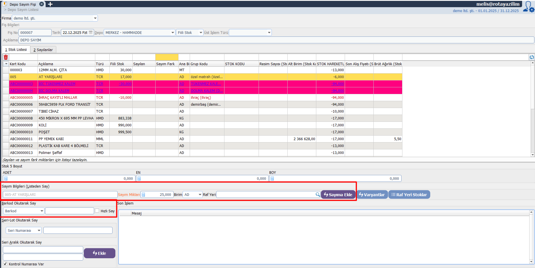 Dia depo sayımı yapma
